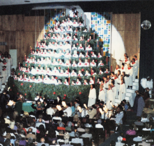 A photo of the "Singing Christmas Tree" at Phoenix First Assembly.